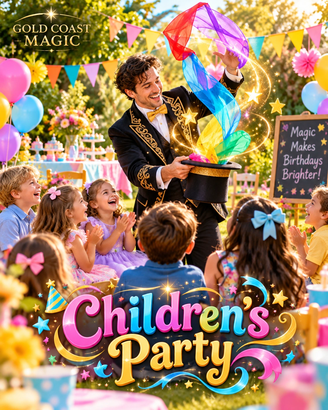 Illustration of children's party entertainment from Gold Coast Magic