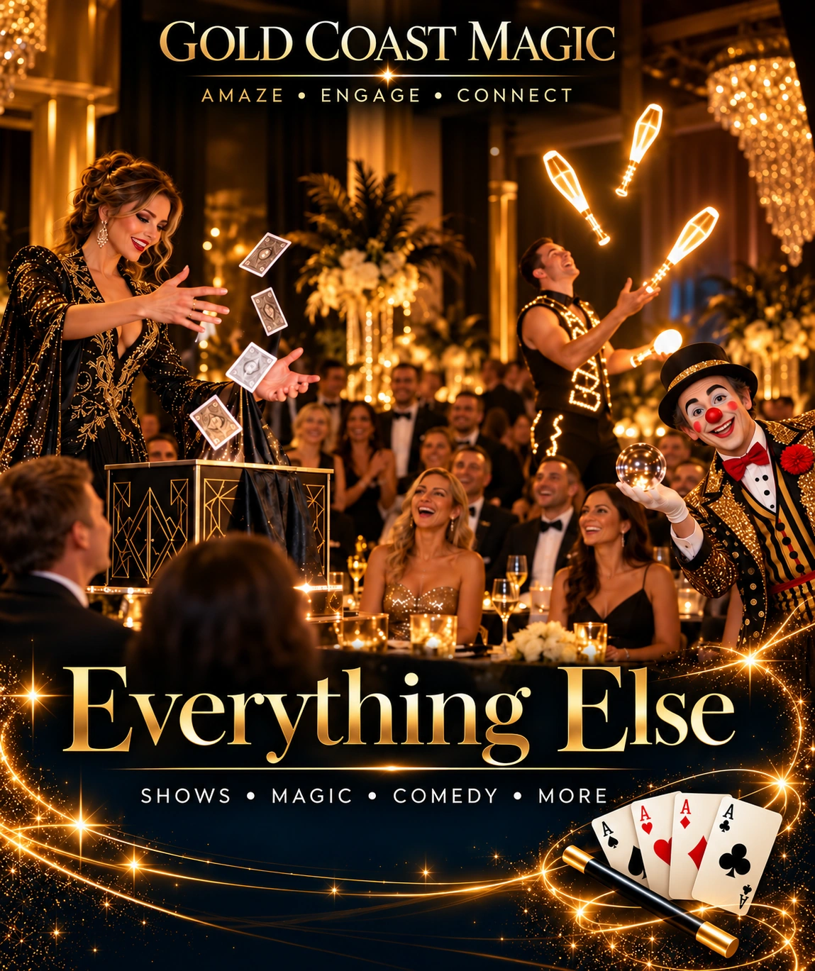 A magician, juggler and colourful clown performing at a glamorous variety entertainment event